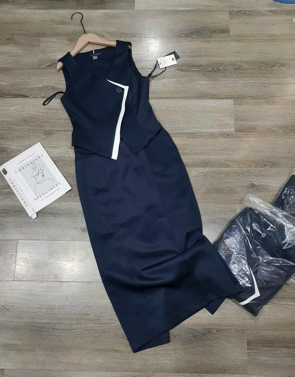 Set tommy viền vạt trắng khuy lệch