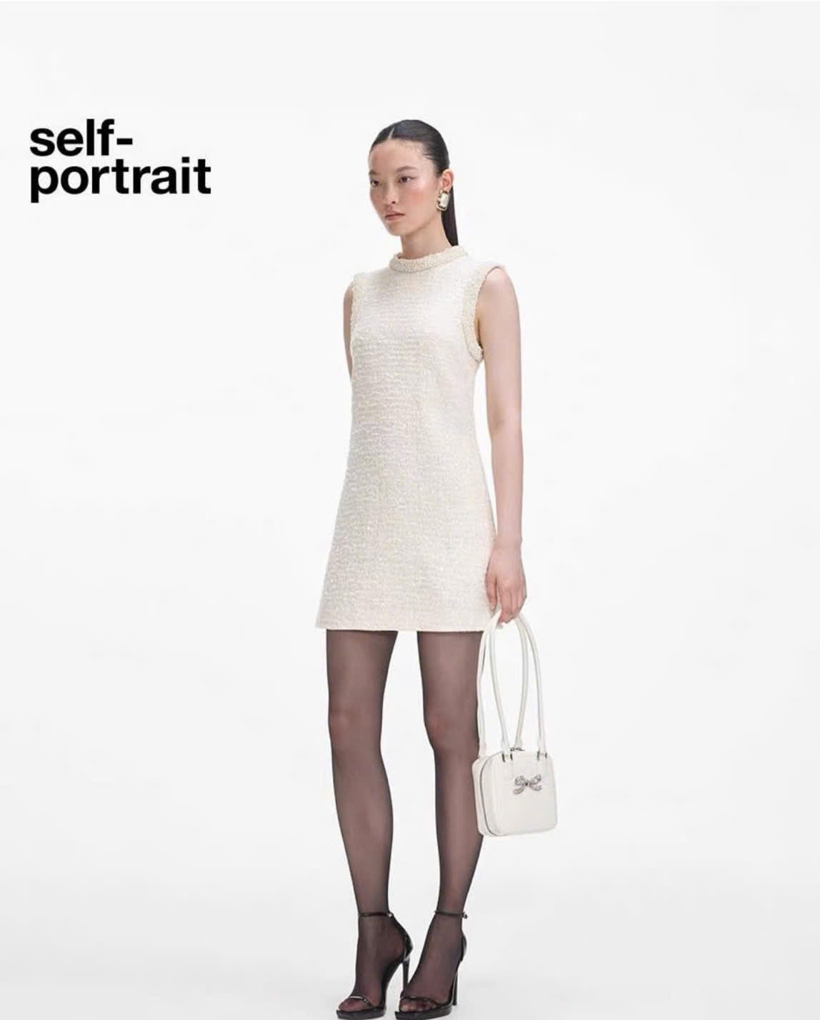 Váy dạ tweed Sel-Portrait trắng sequin viền ngọc trai