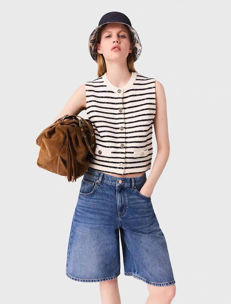 Áo gile kẻ ngang len pha kẻ ngang đính sequin
