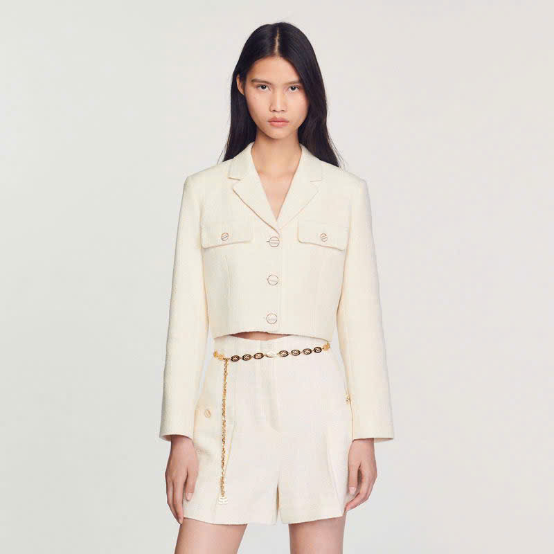 Set tweed Sandro trắng áo cổ bẻ + quần short