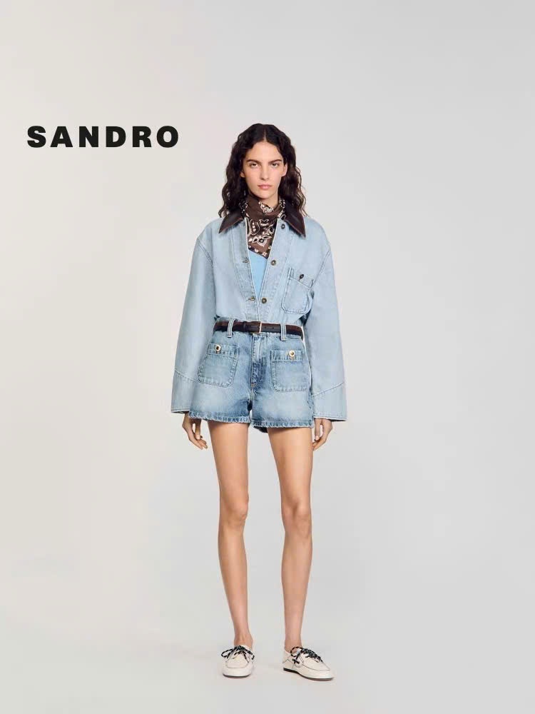 Jacket denim Sandro cổ da