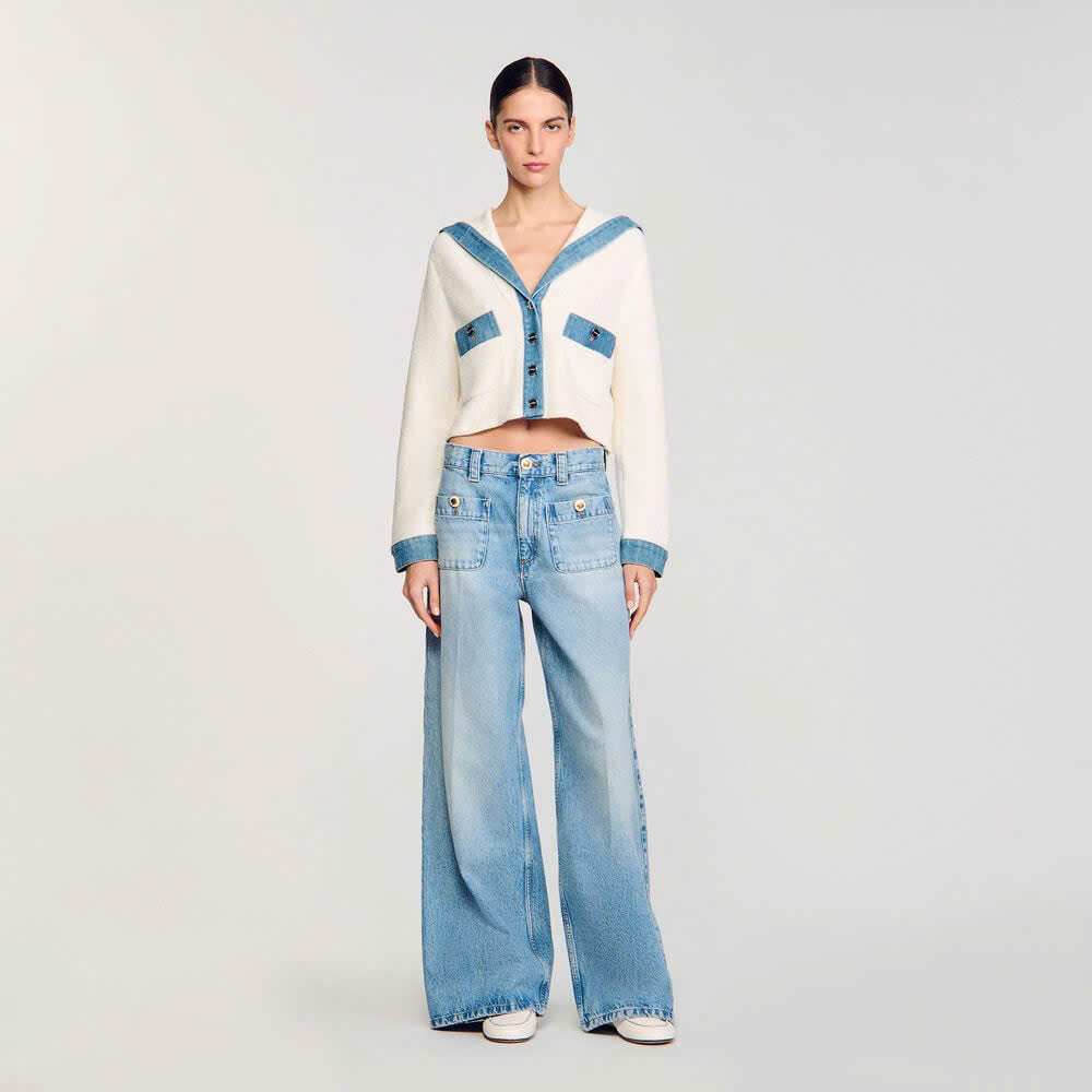 Áo cardigan với chi tiết denim