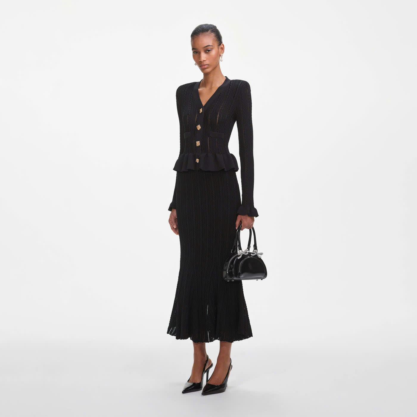 Váy Self- Portrait midi peplum Knit Đen