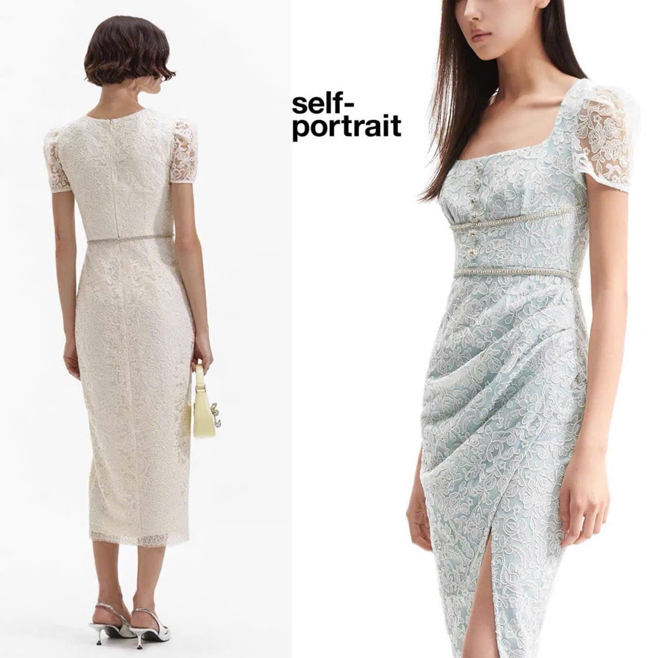 Váy Sel-Porrtrait ren 3D cổ vuông đính đá