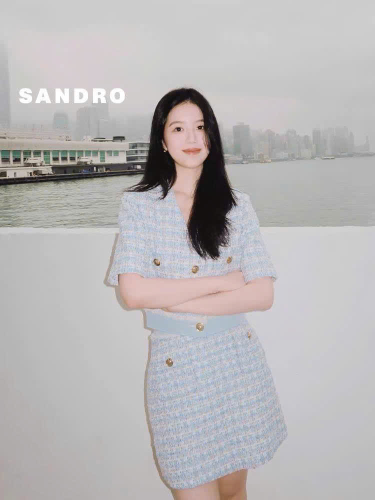 Set Sandro tweed xanh cải denim