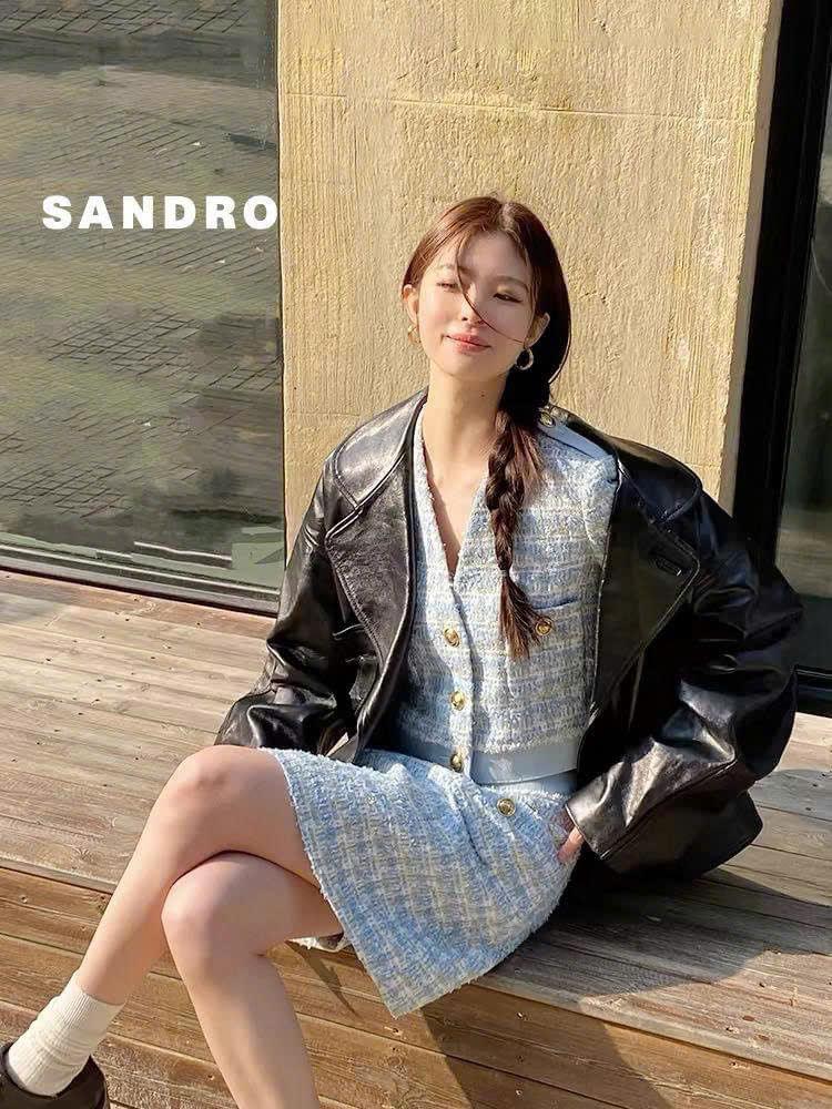Set Sandro tweed xanh cải denim