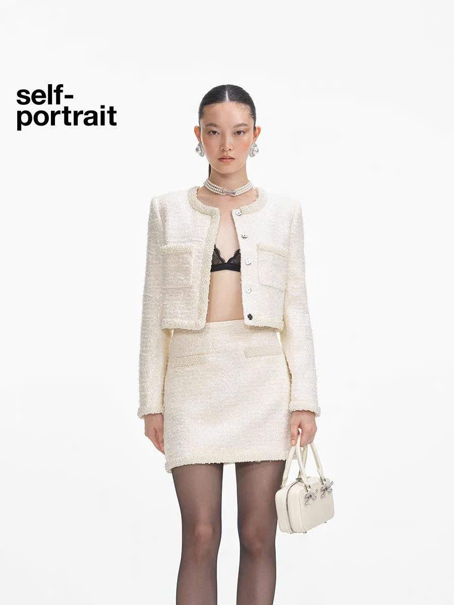 Chân váy tweed Sel-Portrait trắng sequin