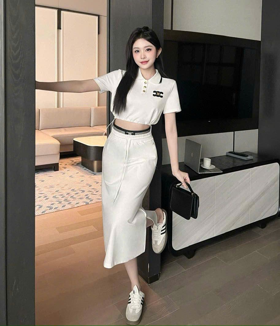 Set Celine cotton áo cổ bẻ chân váy