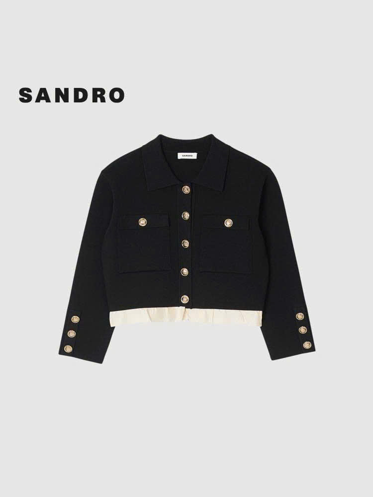 Áo Sandro dệt kim cổ bẻ đen