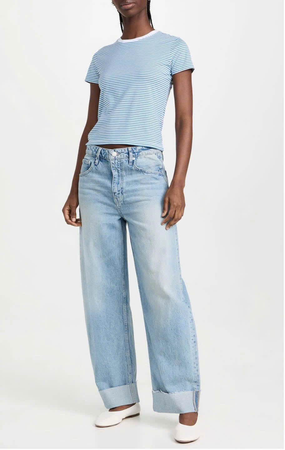 Quần denim Raph Lauren gập gấu dáng suông màu nhạt