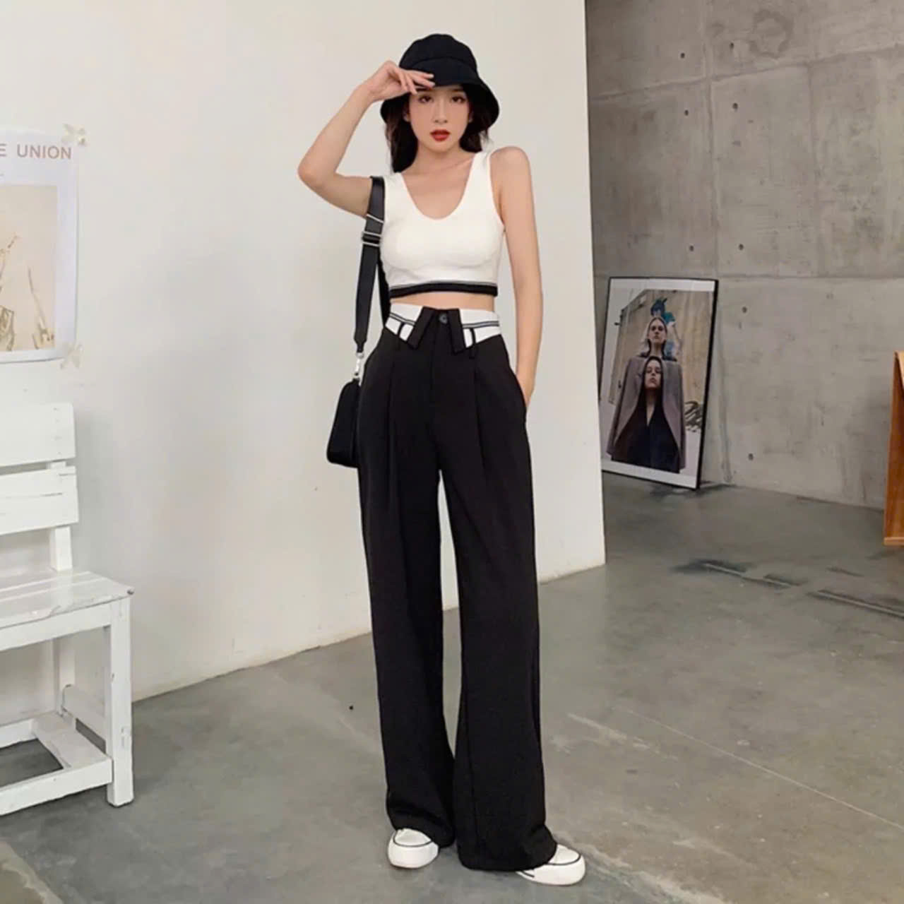 Quần suông Zara cạp lật trắng