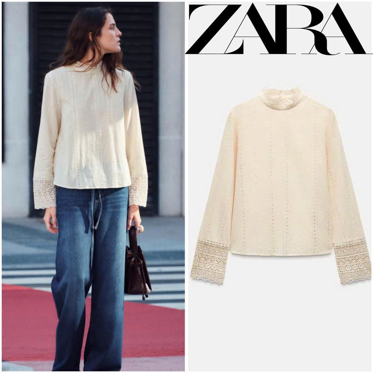 Sơ mi Zara ren 3D cổ trụ màu beirge