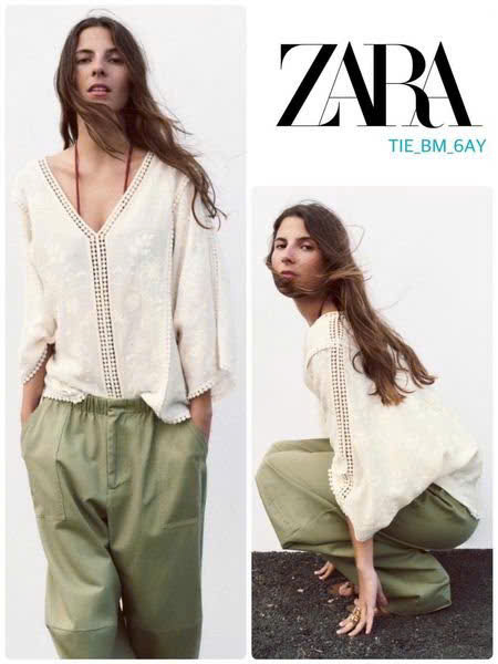 Áo sơ mi Zara cổ V cánh dơi chất thô đũi