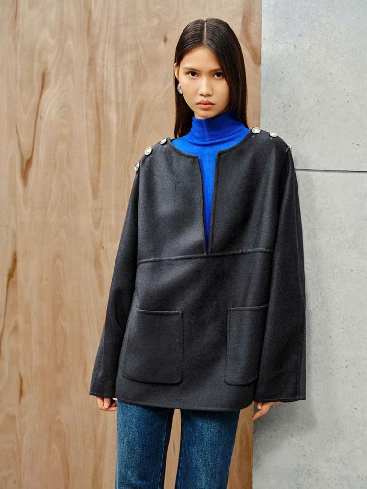 Coat dạ ép Massimo Dutti cổ V khuy vai