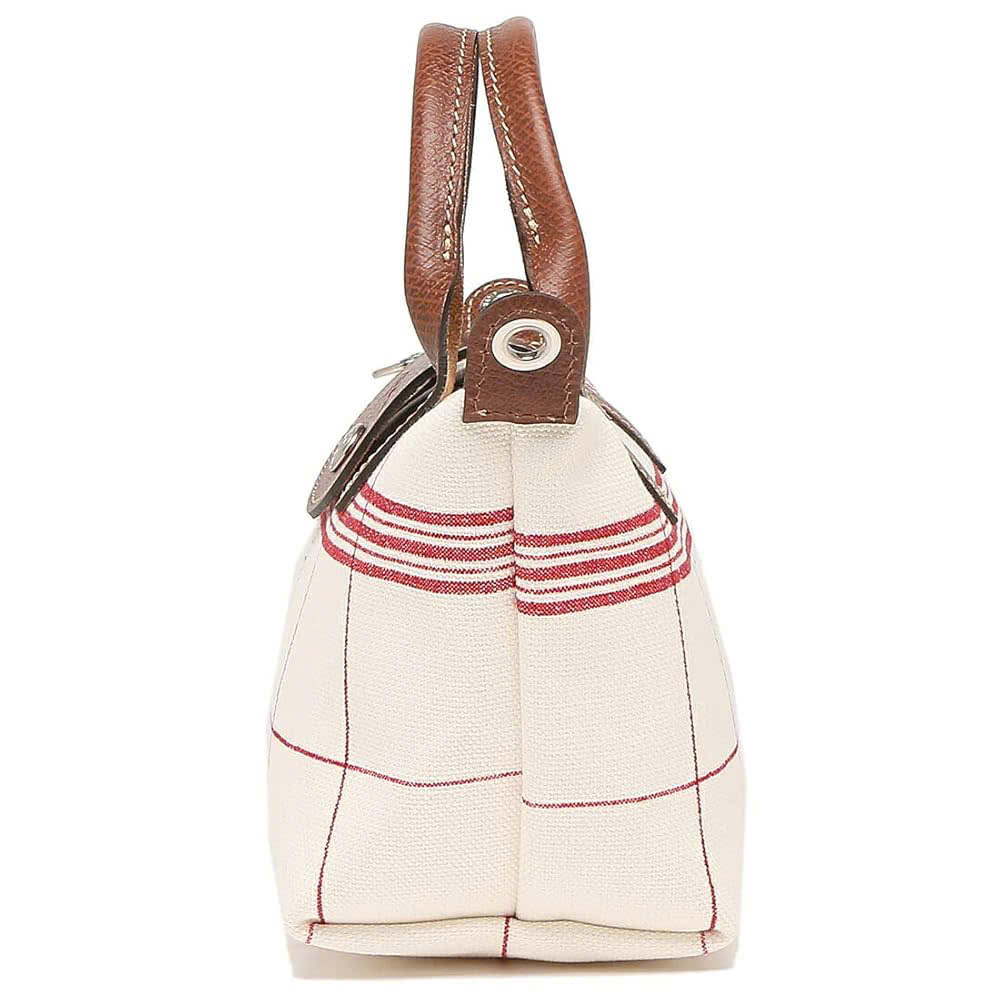 Túi Longchamp canvas trắng kẻ đỏ sz mini