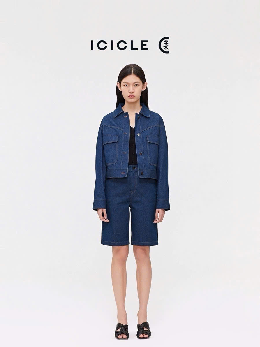 Áo khoác demin ICICLE cổ đức màu xanh đậm