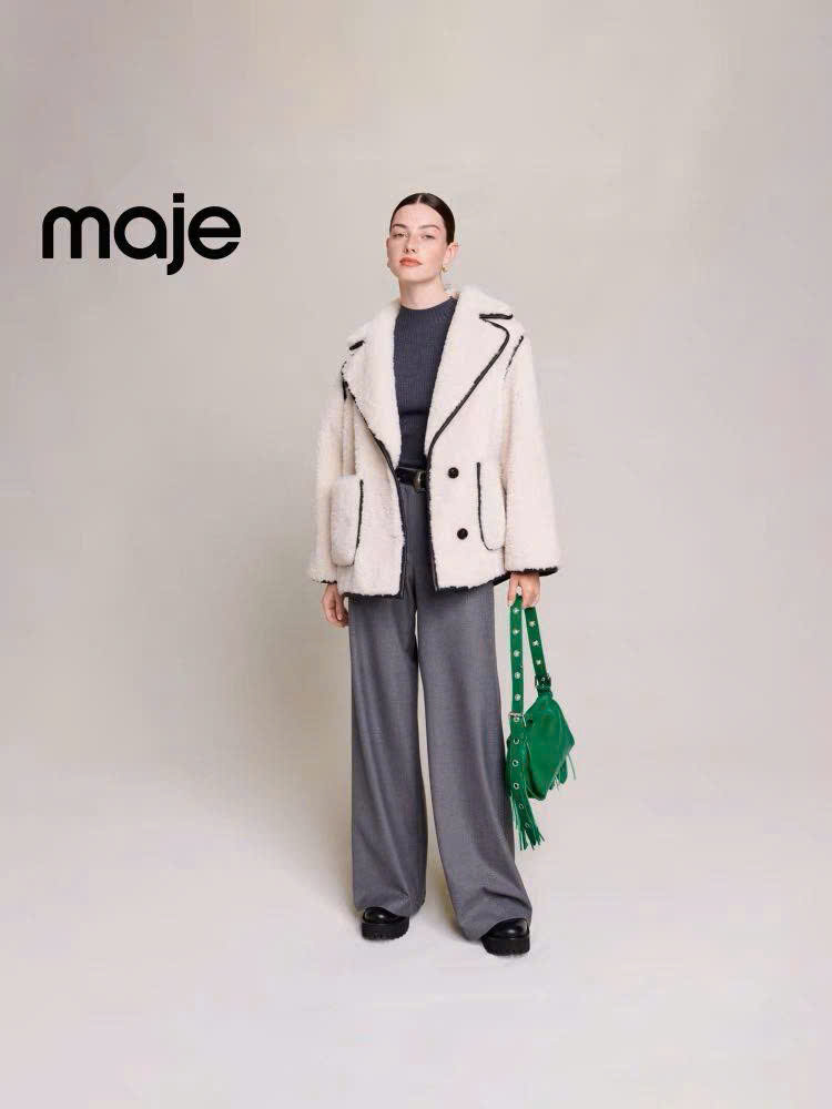 Jacket lông trắng lông cừu viền đen Maje