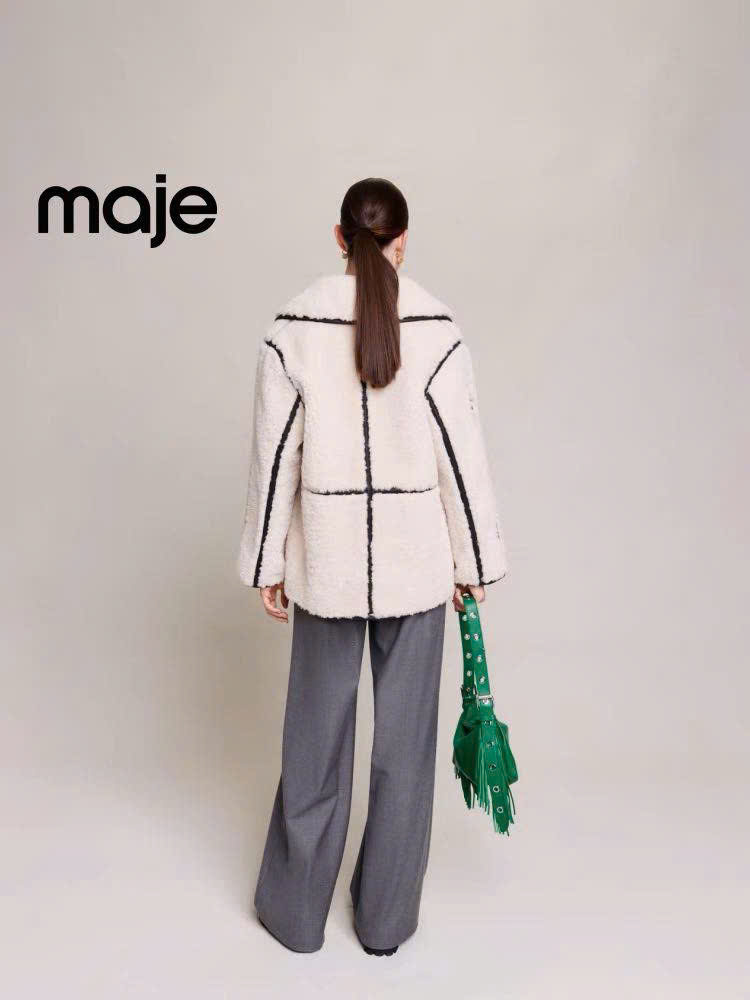 Jacket lông trắng lông cừu viền đen Maje