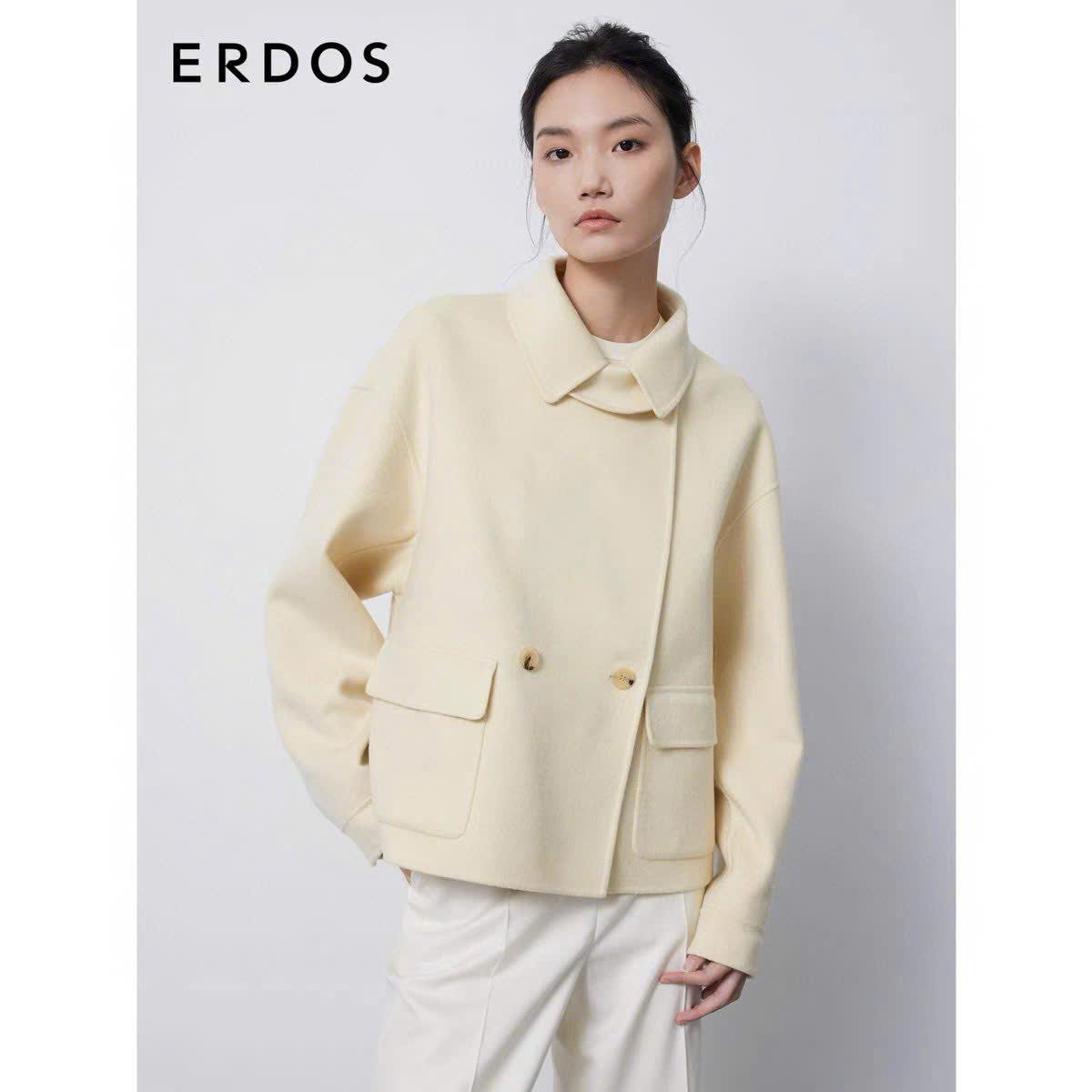 Coat dạ ép ERDOS cổ bẻ màu kem dáng lửng