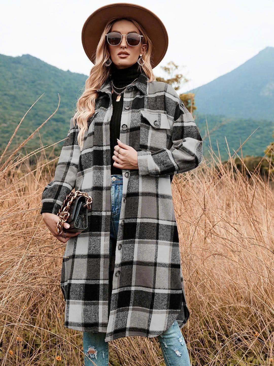 Áo dạ dài kẻ xám H&M