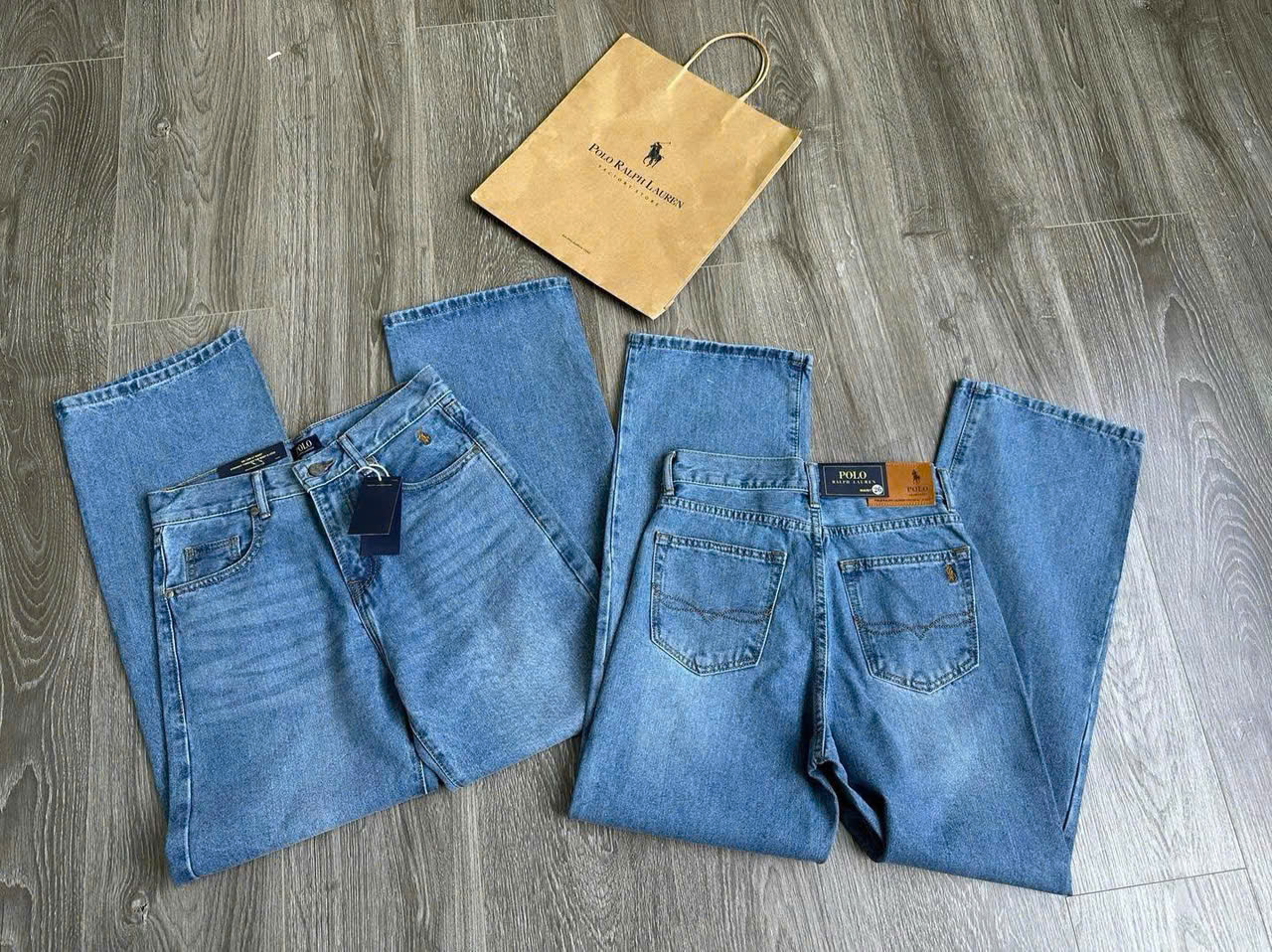 Quần denim Polo RL suông thêu logo túi