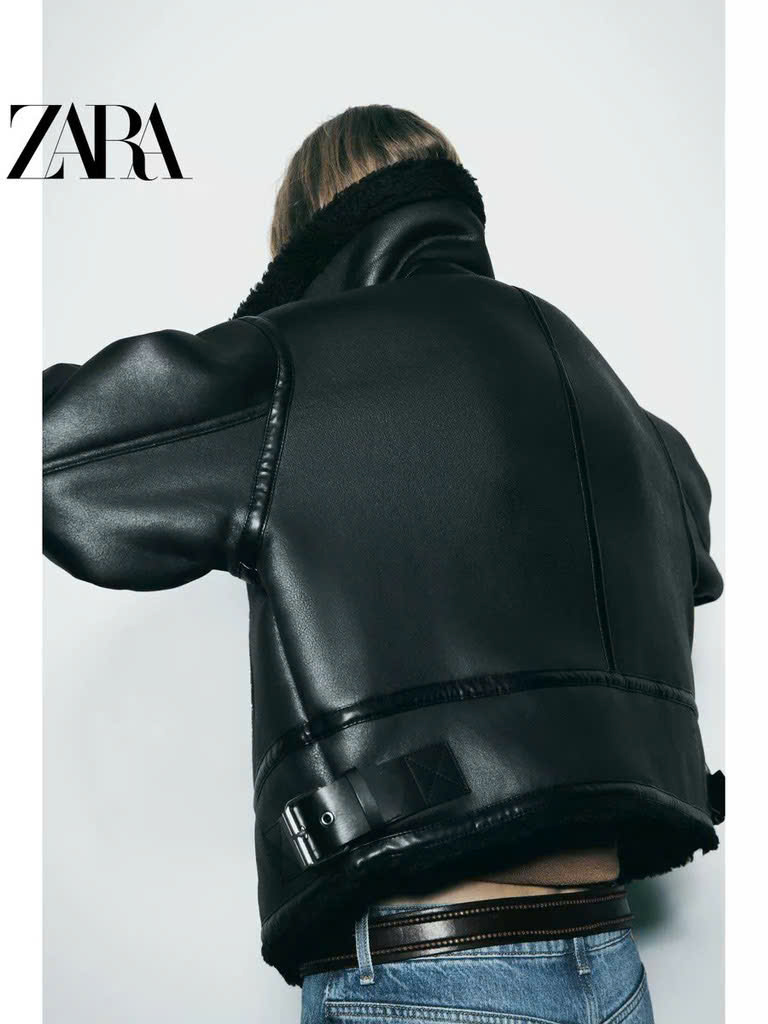 Jacket Zara đen lót lông cừu đen