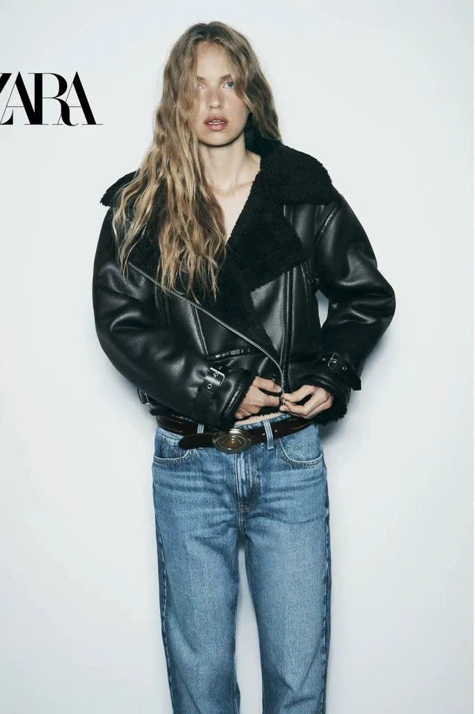 Jacket Zara đen lót lông cừu đen