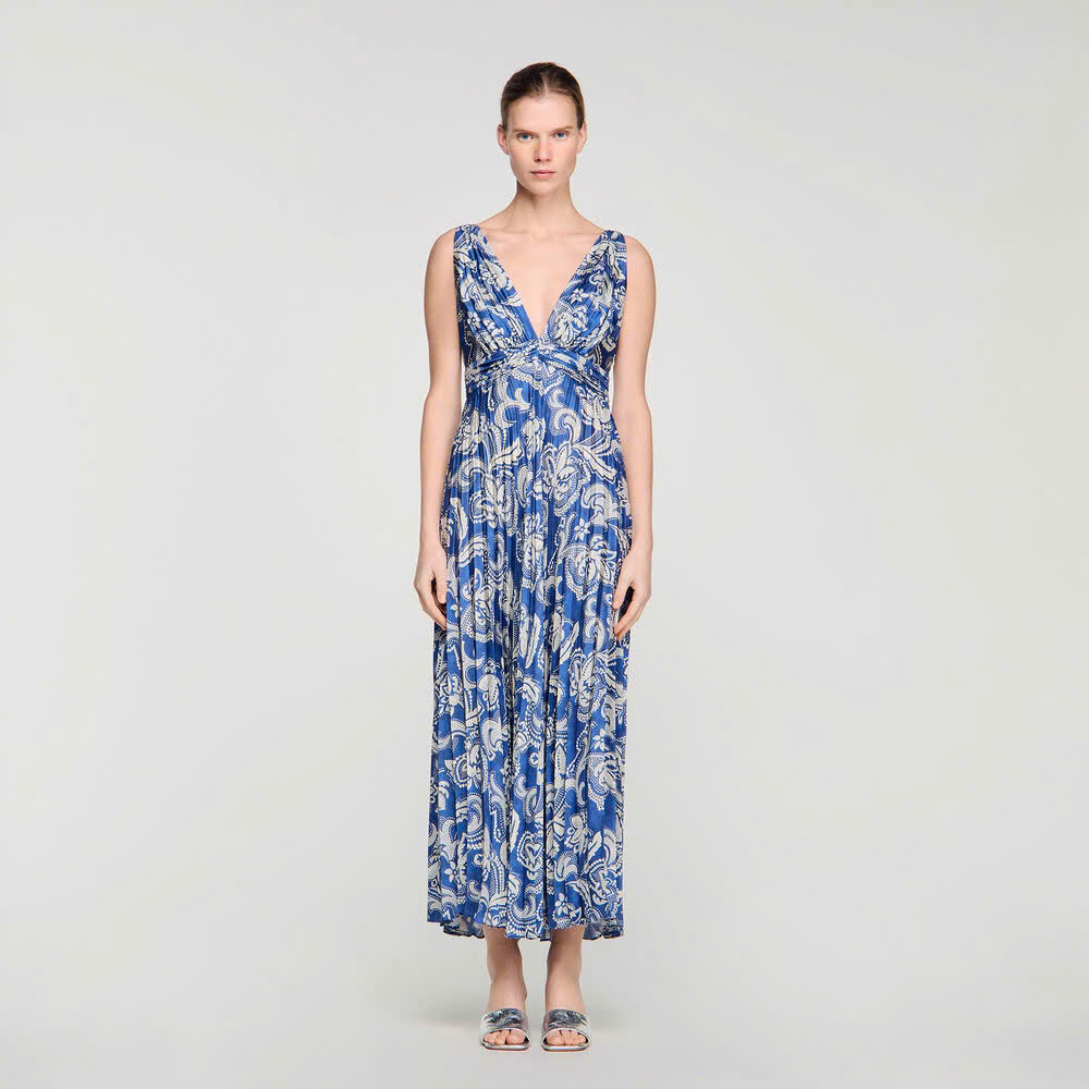 Váy maxi Maje xanh hoạ tiết Baroque xếp ly