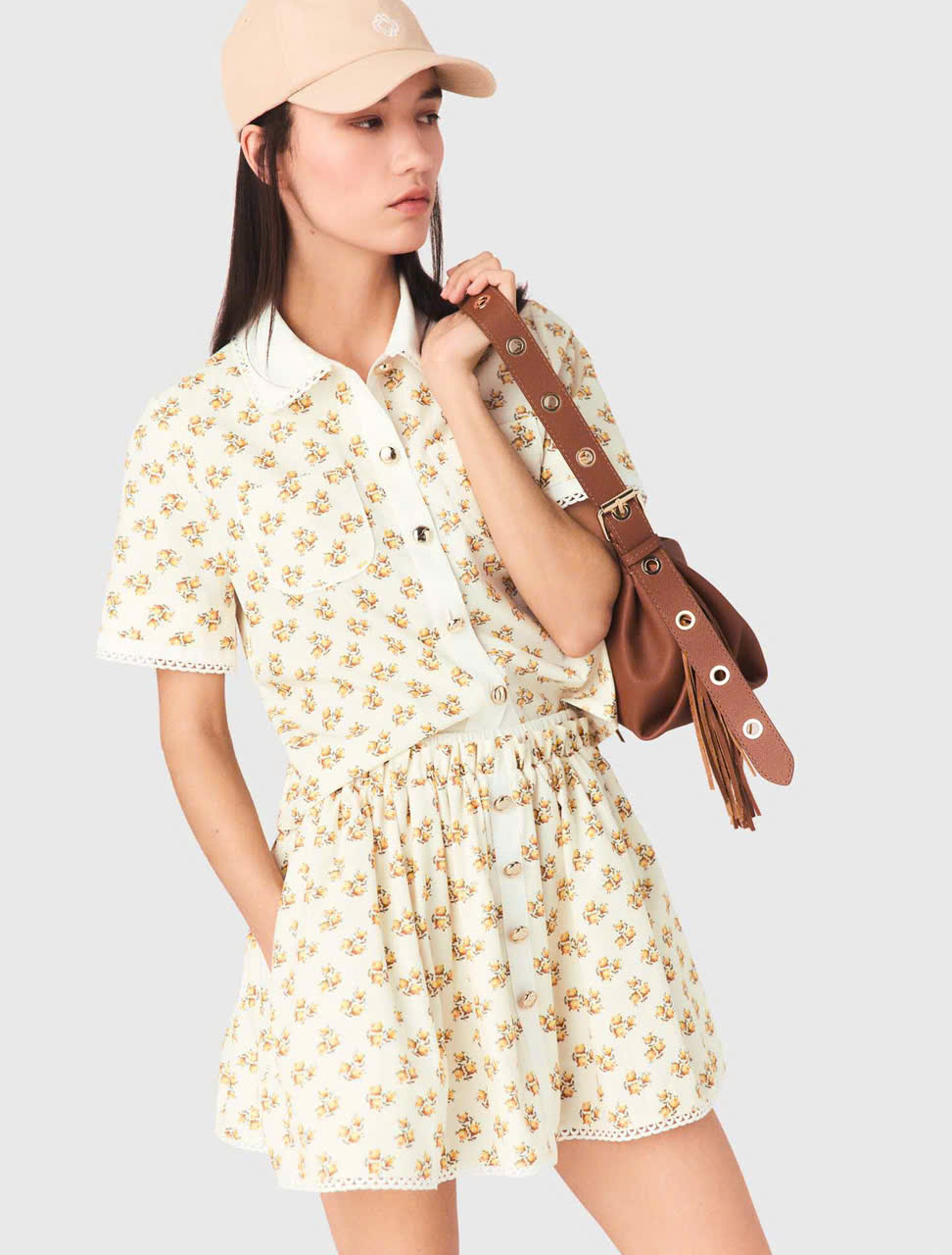 Áo sơ mi MAJE hoa nhí vàng cổ đức dáng crop (set 2pcs tách set)