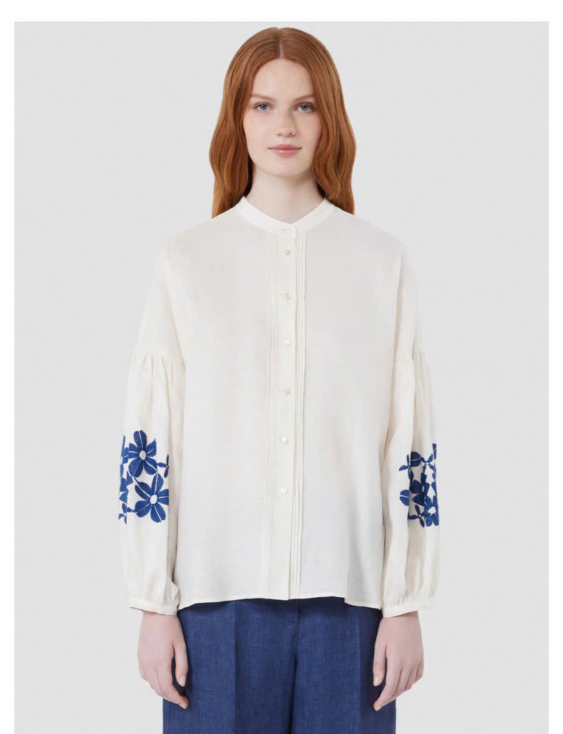 Sơ mi Weekend MaxMara tay đèn lồng thêu hoa xanh