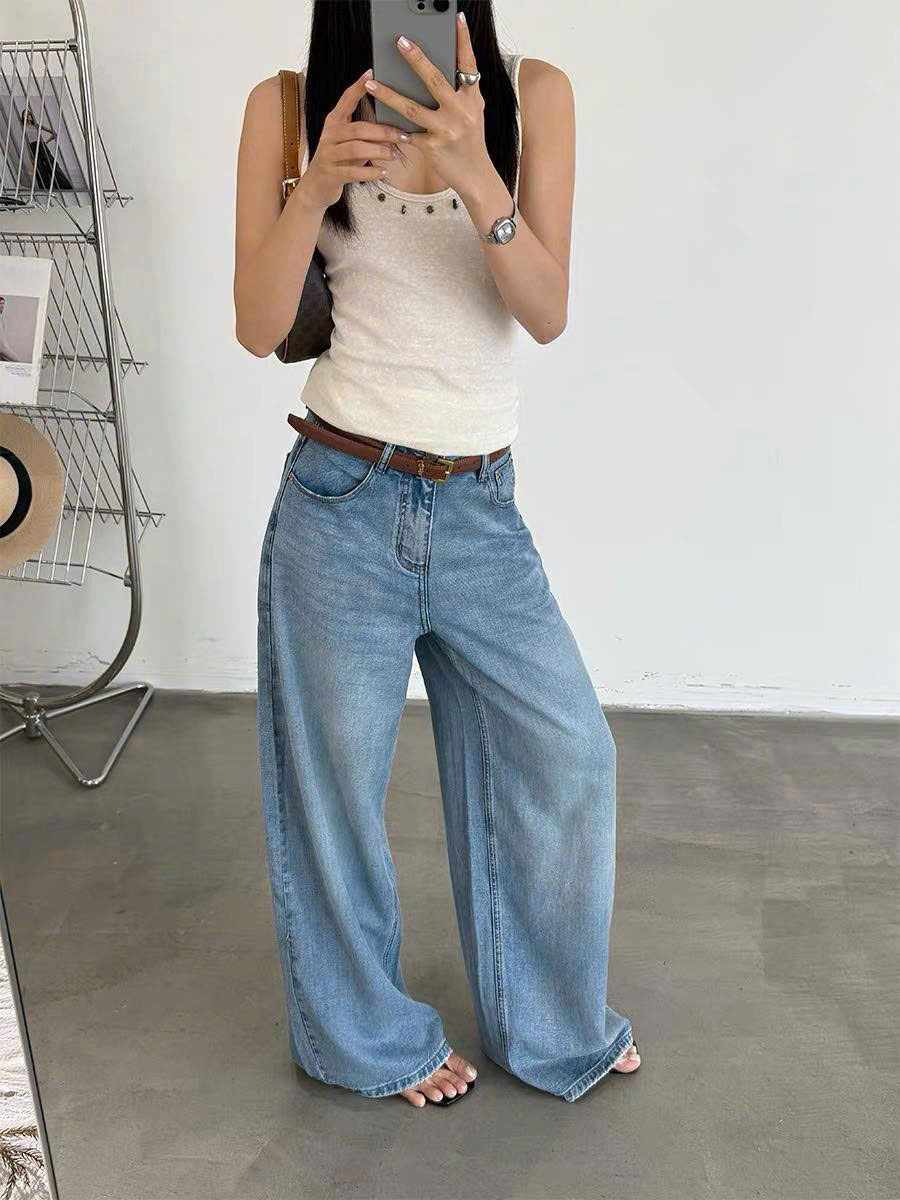 Quần denim lạnh T -Flatform dáng suông kèm belt 2 màu (V68280)