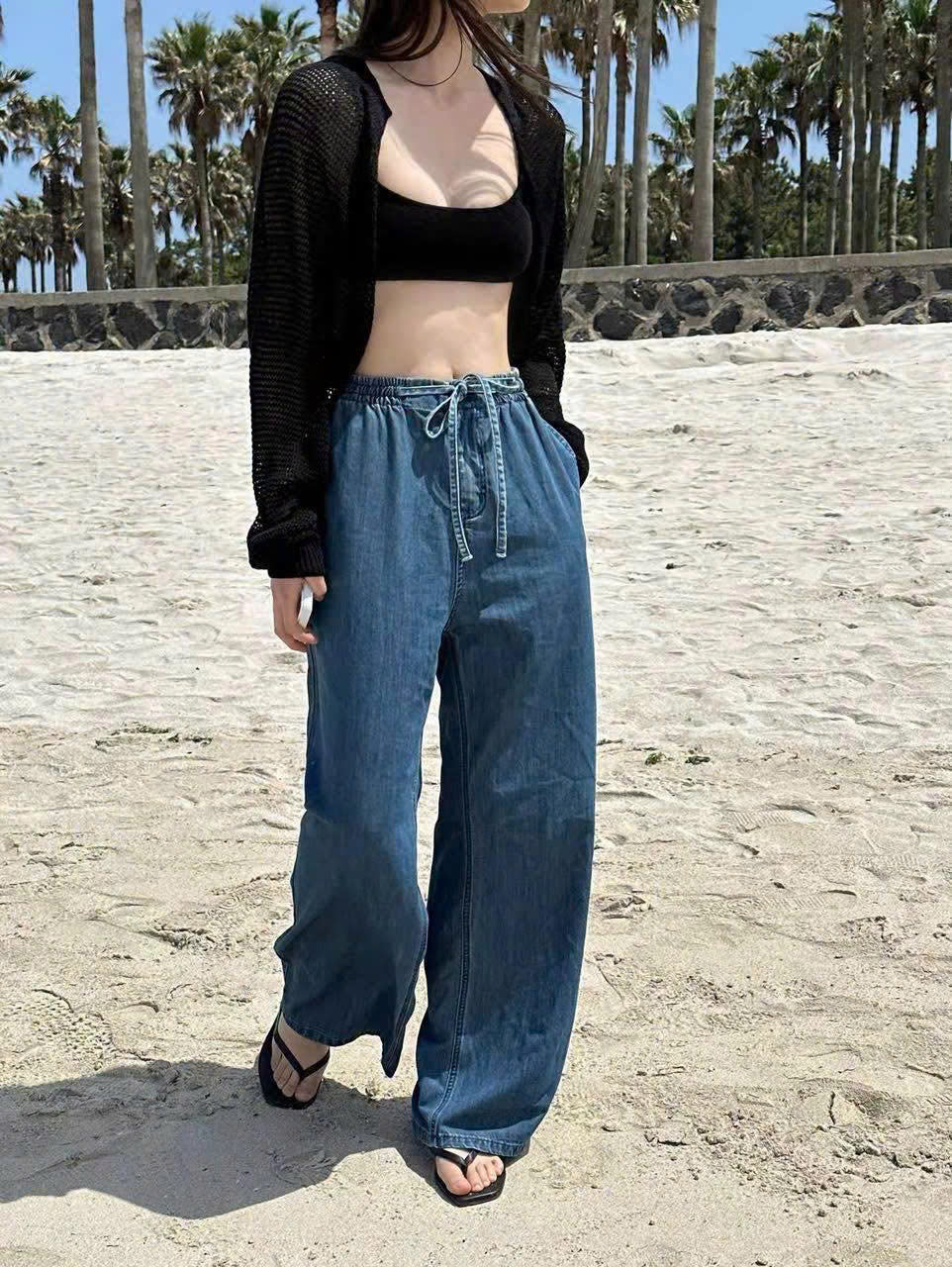 Quần suông denim HM cạp chun