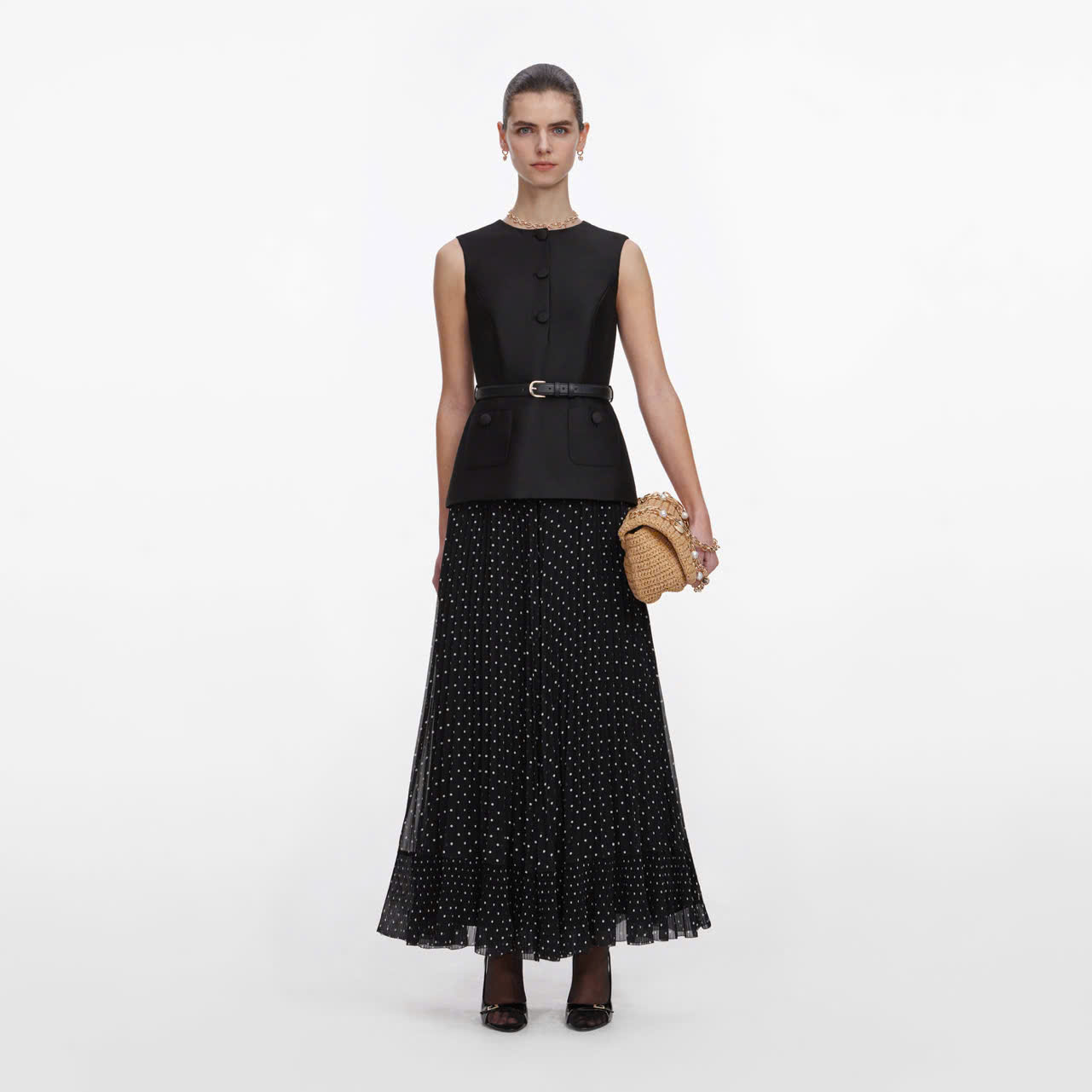 VÁY MIDI CHẤM BI BẰNG VẢI TAFFETA ĐEN