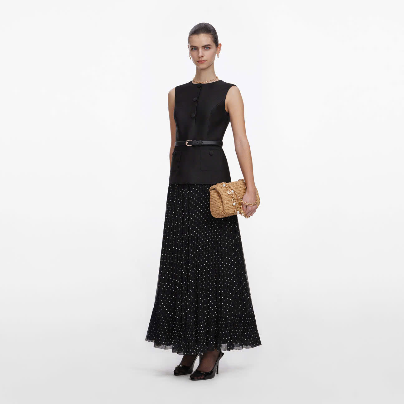 VÁY MIDI CHẤM BI BẰNG VẢI TAFFETA ĐEN