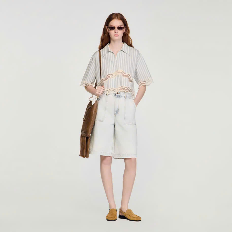 Áo sơ mi cotton kẻ sọc dáng cropped
