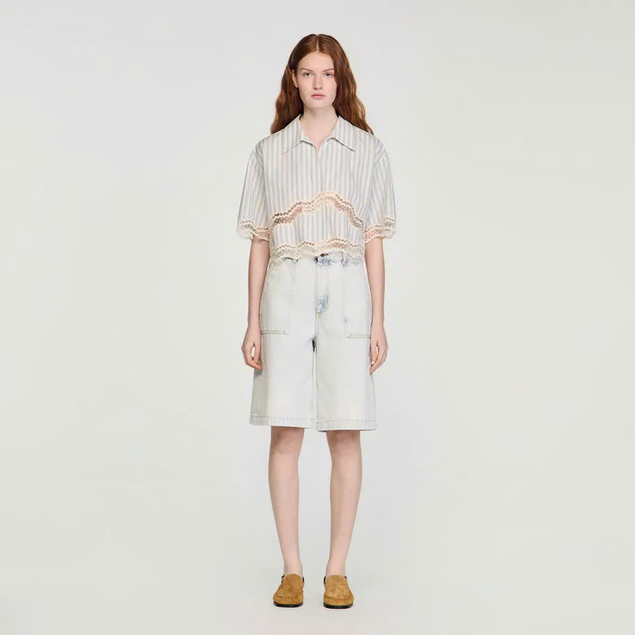 Áo sơ mi cotton kẻ sọc dáng cropped