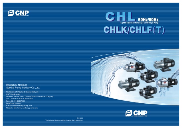 Thông số kỹ thuật Bơm CNP Model CHL/CHLK/CHLF