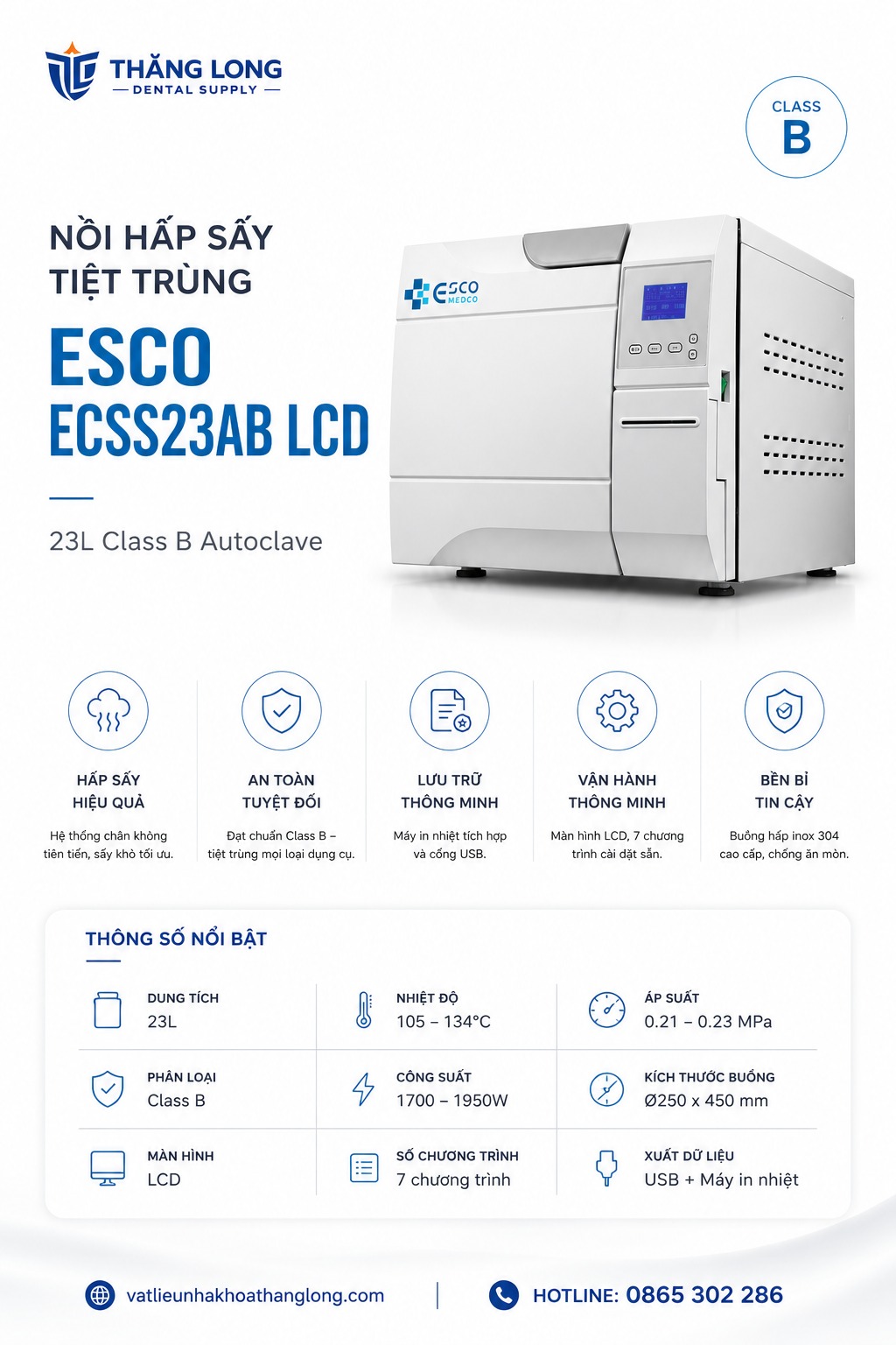 thông số và tính năng nồi hấp sấy tiệt trùng Esco ECSS23AB LCD 23L Class B
