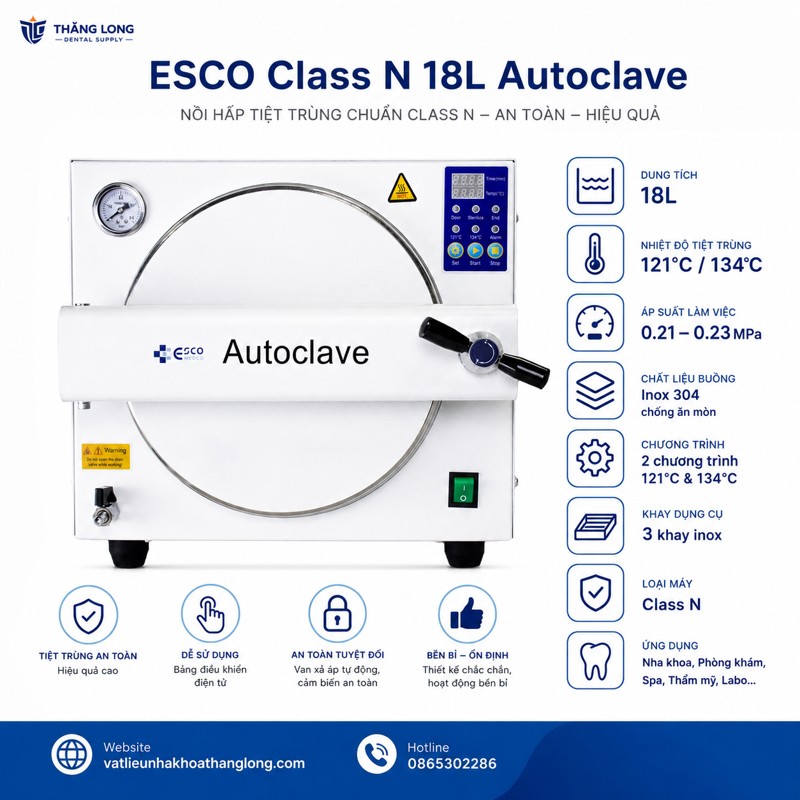 thông số kỹ thuật nồi hấp ESCO Class N 18L Autoclave nha khoa chính hãng Thăng Long Dental Supply