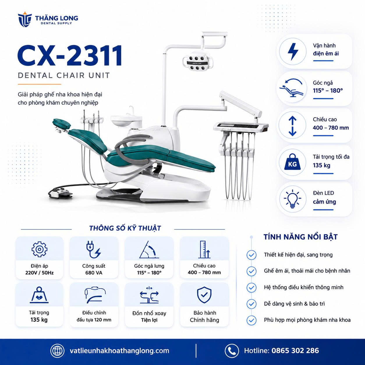 thông số ghế nha khoa CX-2311 Thăng Long Dental Supply