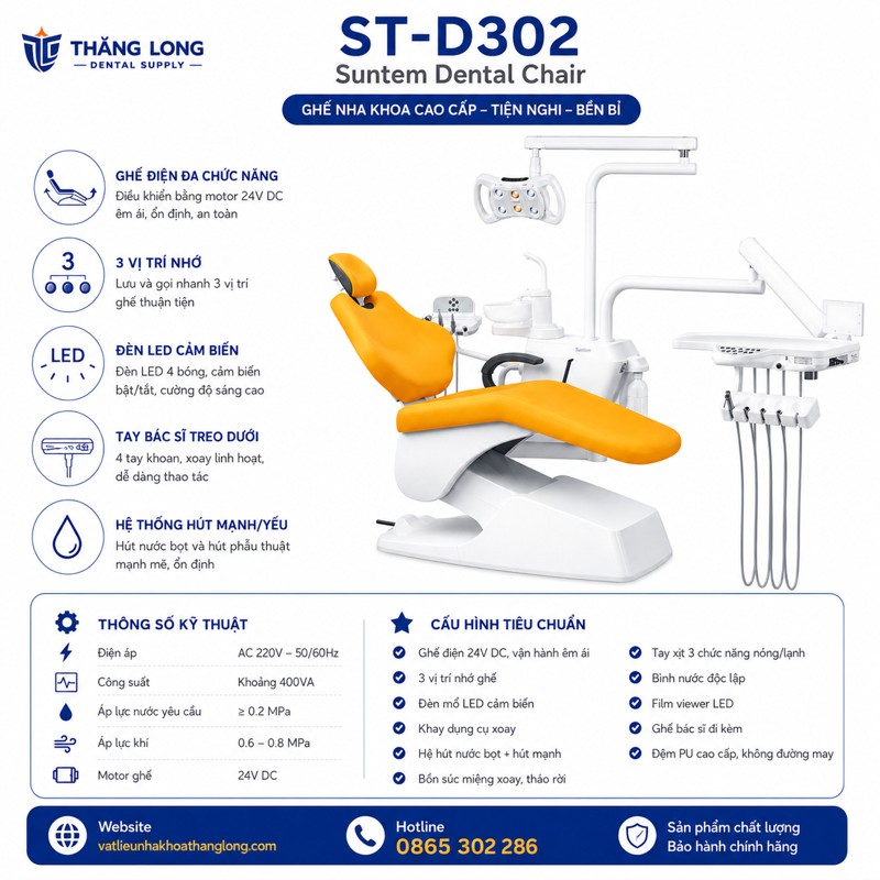 Infographic ghế nha khoa Suntem ST-D302 chính hãng tại Thăng Long Dental Supply