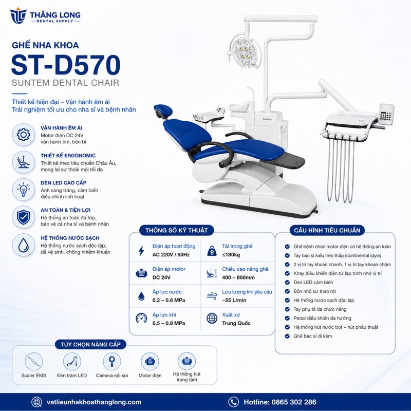 Infographic ghế nha khoa Suntem ST-D570 thông số kỹ thuật và tính năng