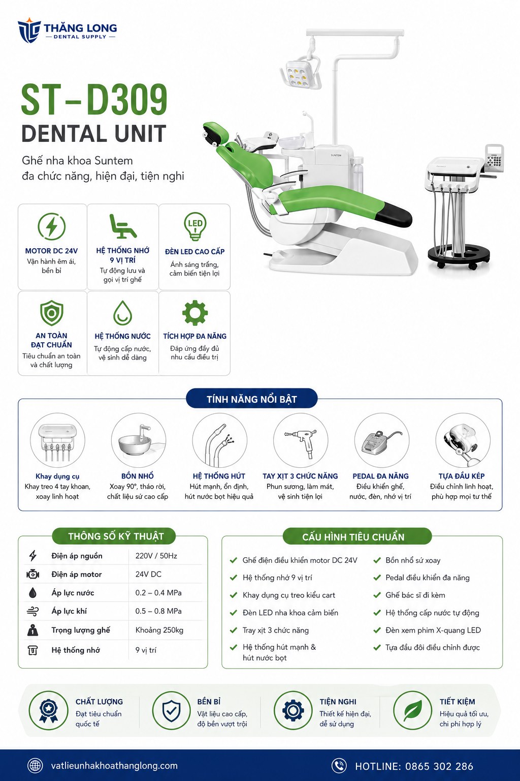 Infographic thông số ghế nha khoa Suntem ST-D309 đa chức năng