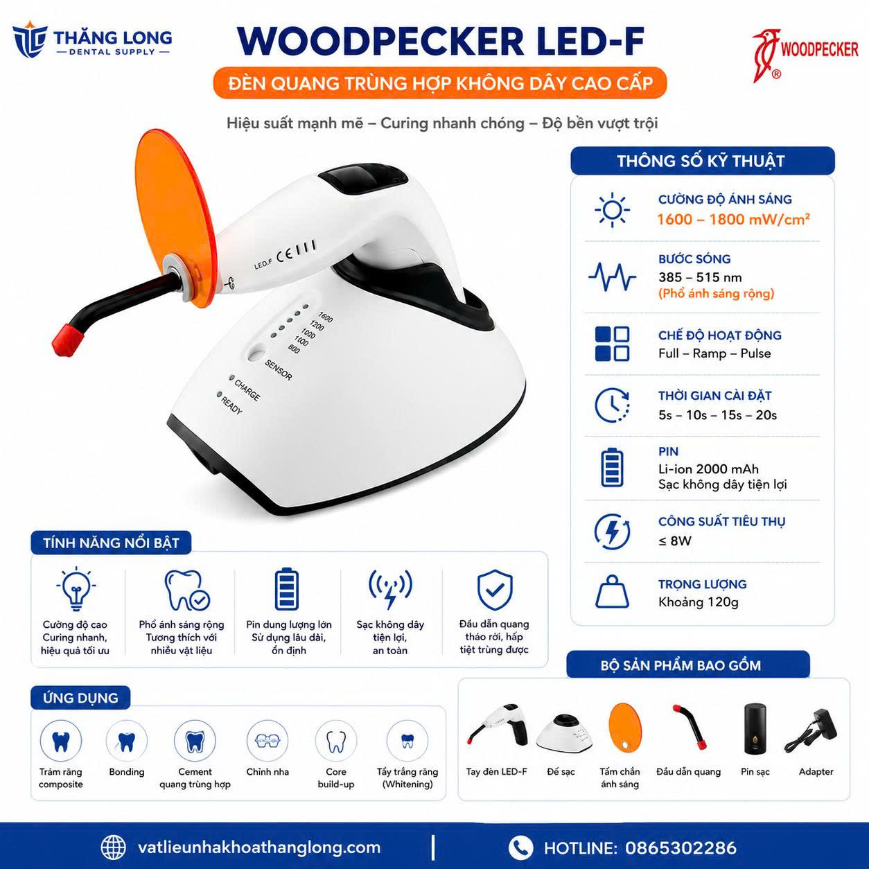 Thông số kỹ thuật đèn quang trùng hợp Woodpecker LED-F