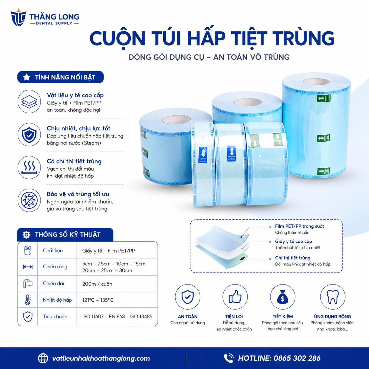 cuộn túi hấp tiệt trùng dụng cụ y tế nha khoa Thăng Long Dental Supply