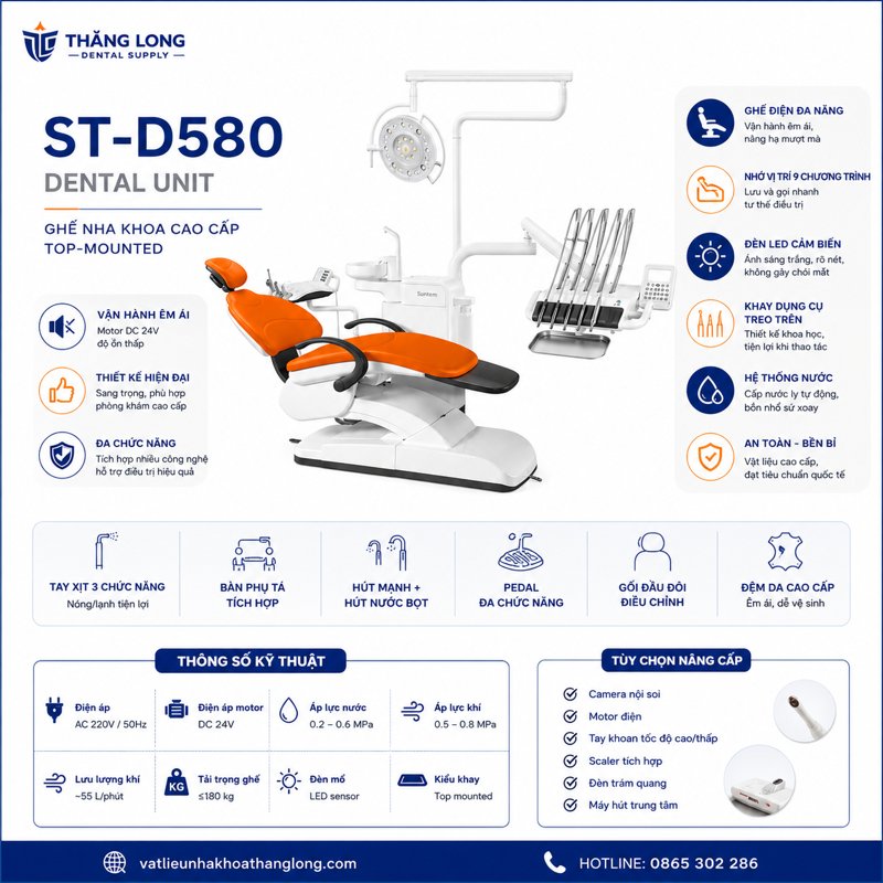 Infographic thông số kỹ thuật ghế nha khoa Suntem ST-D580 cao cấp