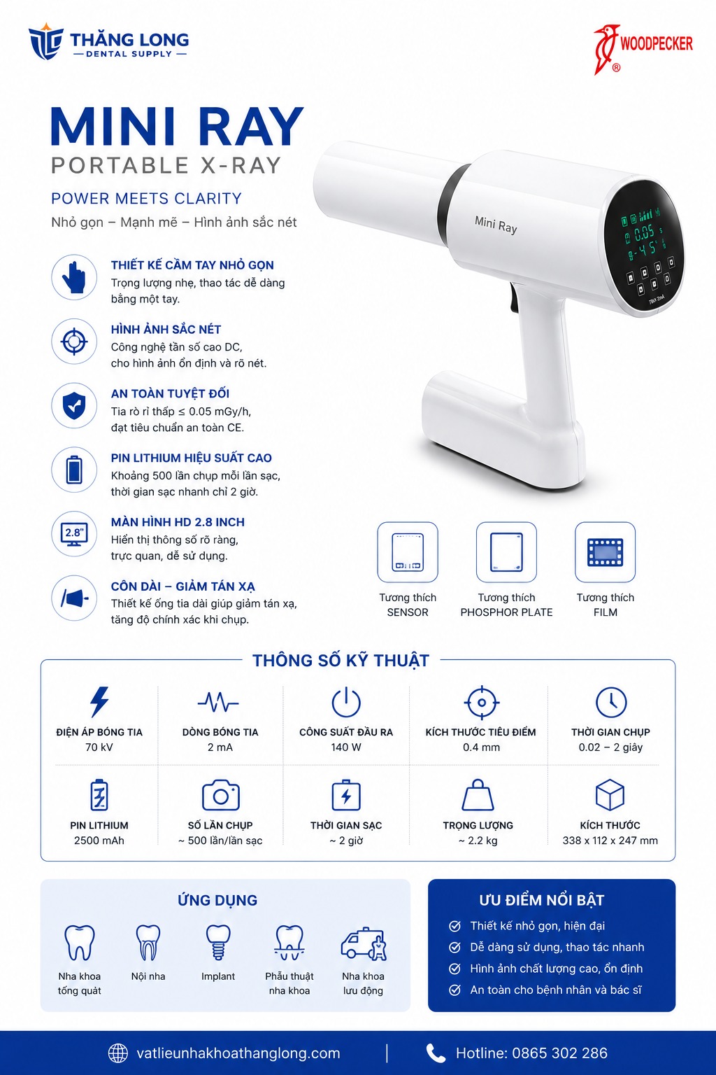 thông số và tính năng máy X-quang cầm tay Woodpecker Mini Ray Portable X-Ray