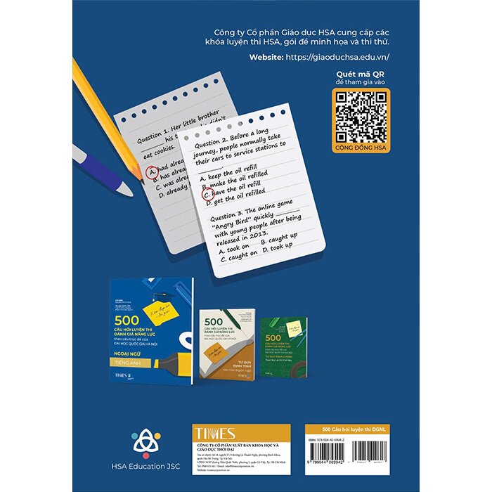 Sách 500 Câu Hỏi Luyện Thi Đánh Giá Năng Lực - Theo Cấu Trúc Đề Của Đại Học Quốc Gia Hà Nội (Ngoại Ngữ-Tiếng Anh) Nguyễn Hữu Cương, Trần Thị Thu Hương, Phạm Thị Xuân Quỳnh