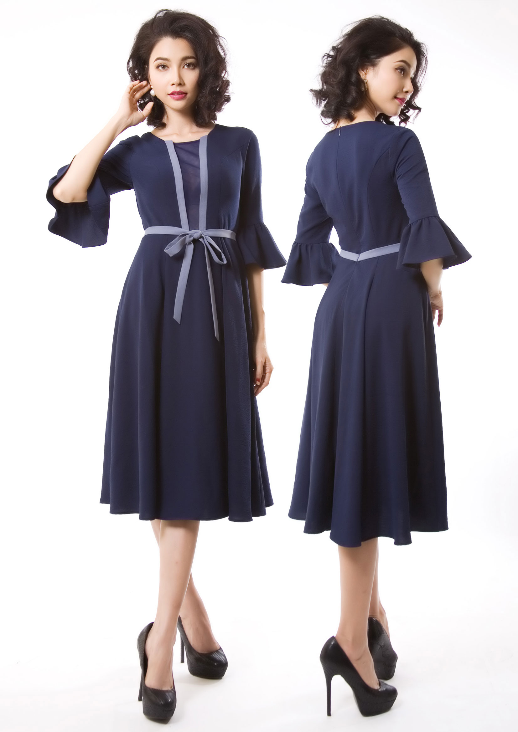 Đầm dạo phố vải thô dáng xòe cổ V – Thời trang Pantio