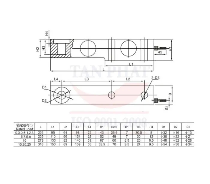 Bản vẽ kỹ thuật loadcell SB 2 tấn của thương hiệu Keli